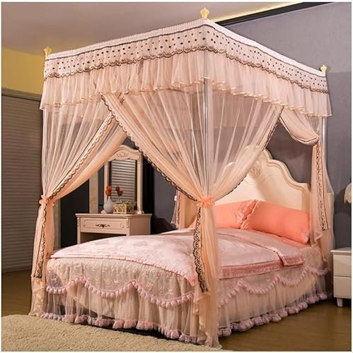 DRFGNF Vierseitiges Säulenbetthimmel-Moskitonetz, dekorativer Bettvorhang für Schlafzimmer, 120 cm/150 cm/180 cm (Farbe: Rosa, Größe: 180 x 200 cm) (Farbe: Rosa, Größe: 150 x 200 cm)