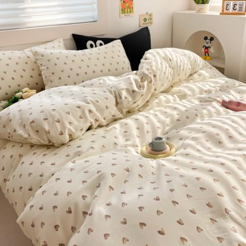 Covebett Herz Bettwäsche 155x220cm Herzen Beige Braun Bettbezug Set 2teilig | Microfaser, Herzchen, Herzmuster, Mädchen Kinder, Aesthetic Romantisch Kawaii, ÖKO-TEX, 1 Kissenbezug 80x80cm, Reißverschluss