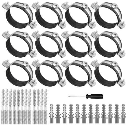 12 Stück Rohrschelle Set 50mm: 12 Schraubrohrschelle + 12 Dübel + 12 Stockschrauben, Rohrhalterung mit Schraubendreher, Schraubrohrschellen mit Gummieinlage für Ht Rohr, Wasserleitung, Lüftungskanäle