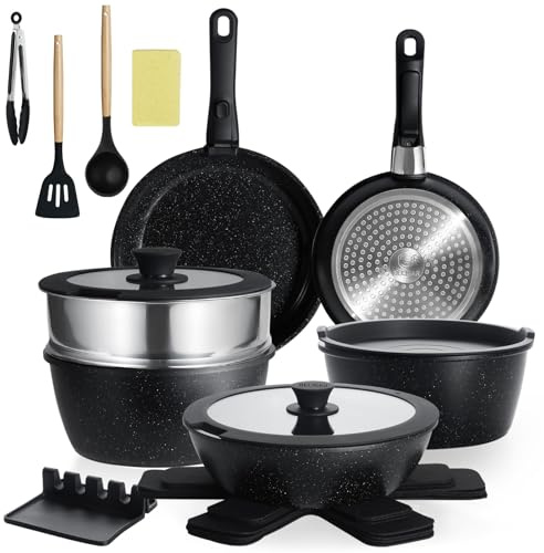 BECIGAR Nonstick Ceramic Cookware Set 21PCS with Detachable Handle, Pans and Pots Set, RV Kitchen Set Cookware Set, Pan Pots with Removable Handles, Oven Safe, Induction Ready(Black)