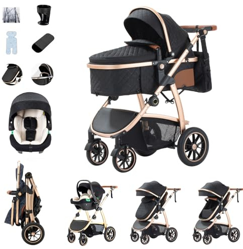 Zkiprm 3-i-1 barnvagn, resesystem med bilstol, barnvagn, justerbara armstöd, regnklädsel, myggnät, aluminiumram, gatuvagn för barn 0–4 år