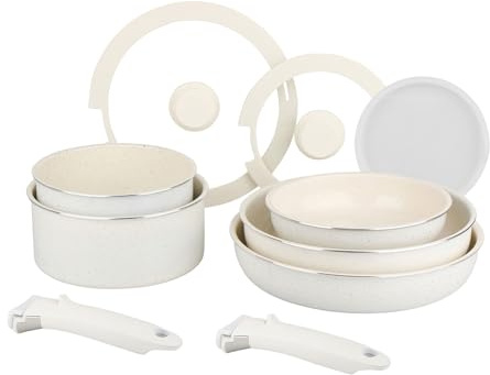 Sitram 716977 Batterie de cuisine 10 pcs en aluminium blanc – Revêtement céramique sain sans PFAS – 2 poêles Ø20/28, 2 casseroles Ø18/20, 1 sauteuse Ø26 + 3 couvercles – Tous feux dont induction
