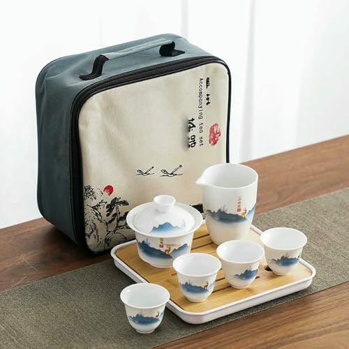 LIUXIN Juego de té Chino de Kung fu de cerámica, Tetera portátil Hecha a Mano con 4 Tazas y Bandeja de té Gaiwan, Ideal para Viajes y campamentos.