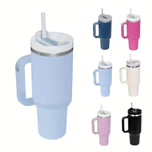 Travel Mug Coffee Cup 40oz Tumbler Straw Lid and Handle, Stainless Steel Insulated Water Bottle - Leakproof, Insulated Water Bottle with Handle and Straw Cup for Home, Office, Car, Travel (Blue)
