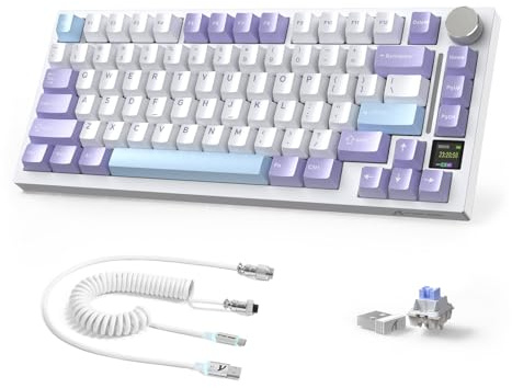 AJAZZ X Attack Shark X820Ultra Clavier Mécanique sans Fil& Câble Spiralé | 2.4G/BT/USB-C Filaire, Layout 75% 80 Touches avec Écran TFT Couleur & Bouton CNC, RGB Hot-Swap, 4000mAh-Violet/Shark Switch