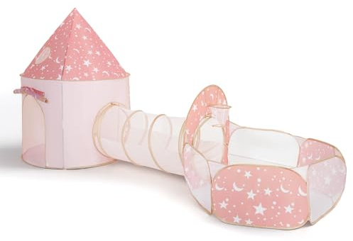 3 in 1 Tenda da gioco per bambini con tunnel e piscina di palline, castello pop-up per interni ed esterni, spazio di scansione pieghevole con canestro da basket
