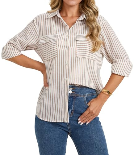 Enmain Camicia Lino Donna Marrone Righe Manica Lunga Camicie Donna con Bottoni Elegante e Casual Bluse Estiva con Tasche per Ufficio e Lavoro Scollo a V M