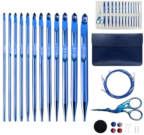 Tunesisches Häkelnadel-Set, austauschbar mit Etui, 26-teiliges afghanisches Stricknadel-Set, 3 mm - 10 mm, mit langem Kabel und ergonomischen Griffen, Blau