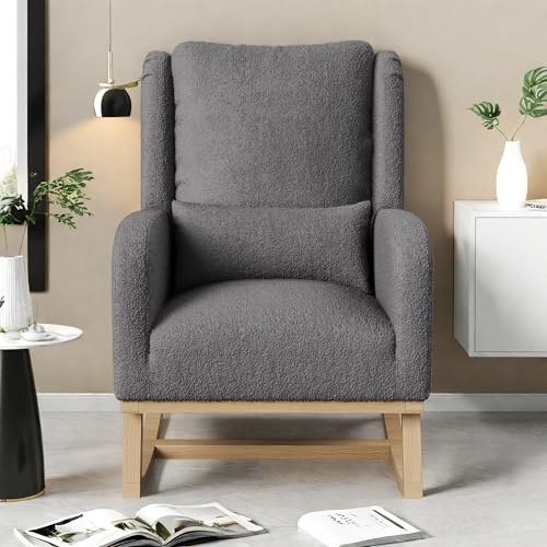 KeepGoon Mecedora Con cuscini, cómodo sillón con bolsillo lateral, para bebés y niños, silla de balancín para salón y jardín, mecedora con taburete, ideal para relajarse y leer (gris con cojines)
