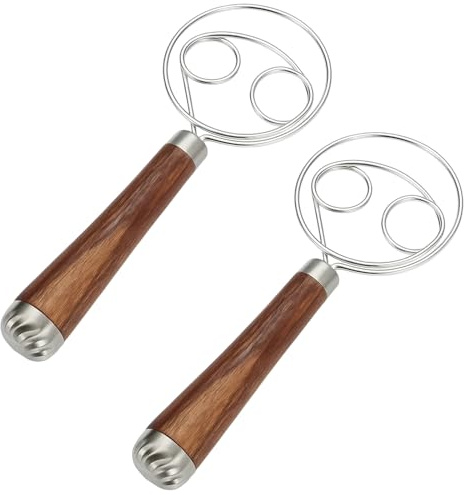 Danish Dough Whisk, Double Loop Stainless Steel Bread Dough Mixer with Wooden Handle, 19.5 * 7.7cm for Mixing Cake Batter, Pizza Dough, Sourdough, Pastry and Baking Essentials