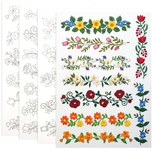 Xelsluthe 4 Blatt 27 StückStickvorlagen, Stickvlies Selbstklebend, Stickvorlagen Wasserlöslich Selbstklebende Stickvorlage mit Blumen, Embroidery Pattern für DIY, Kleidung,HandnäHliebhaber Stickerei