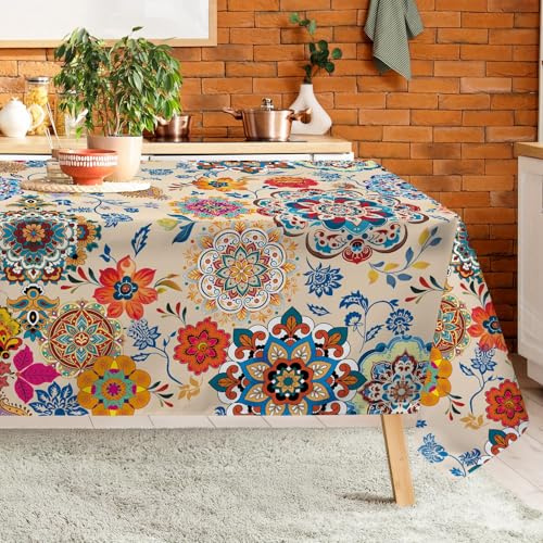 Arquiel Polyester Tischdecke mit Boho Blume, Waschbar, 152 x 264 cm | Wiederverwendbare, Waschbare Polyester Tischdecke mit Vintage Floralemuster für Küche, Esszimmer und Festliche Tischdeko