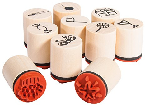 Rayher Hobby 68098000 Set 10 Mini-Holzstempel Celebrate, 2,5cm, 2cmø, Motive rund ums Feiern, zum Gestalten von Karten, Geschenkanhängern… Motivstempel