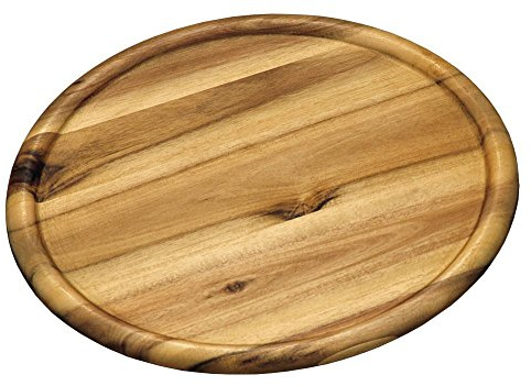 KESPER Lot de 4 Assiette à Pizza en bois d'acacia, Ø 32 x 2 cm, avec rigole, certifié FSC, temps Plaque à Pain, Pain, plateau en bois