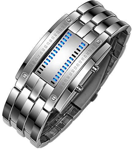 TONSHEN Fashion Binäre Edelstahl Digital Uhren für Herren und Damen Kalender LED Blau Licht Einzigartiges Design Silber Rechteck Bezel Cool Armbanduhr (Herren)