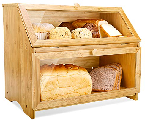 HOMEKOKO Double Layer Large Bread Box for Kitchen Counter, Wooden Large Capacity Bread Storage Bin
