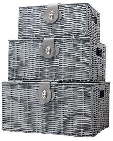 Vencier Set of 3 Resin Woven Wicker Storage Basket Box with Lid & Lock, Grey, Large, Medium, Small (Grey)