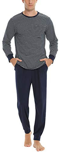Sykooria Pijama Hombre Algodón Conjunto de Pijama de Manga Larga Ropa de Dormir 2 Piezas Conjunto de Pijama a Rayas y Pantalones Largos con Bolsillos S-3XL(Azul Marino,M)