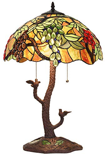 Bieye L10765 Grape Tiffany Style Stained Glass Table Lamp with Tree Trunk Mosaic Base for Living Room Bedside Home Decoration, 24-inches Tall