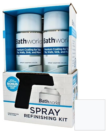 Bathworks Bathtub Refinishing Kit (WHITE); 2 Spray Cans; for Tub, Tile, & More; 32oz of Resin Paint; 24-hour dry time; with bonus comfort grip