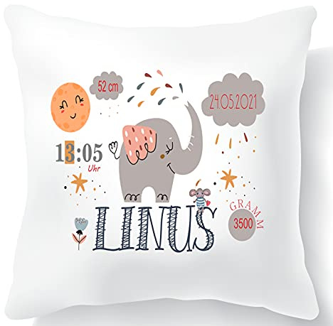 Zarto Personalisierte Geschenke Baby Junge – Baby Geschenke - Geschenk für Geburt mit Namen & Geburtsdaten – Namenskissen als Erinnerung (Elefant)