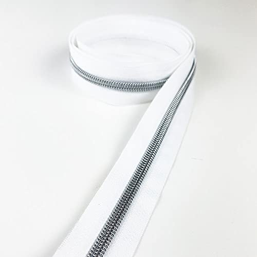 Plush Addict Fermeture éclair continue en nylon n°5 pour couture, séparation, rembourrage, remplacement, réparation, décoration et loisirs créatifs – Argent sur blanc – 2 m