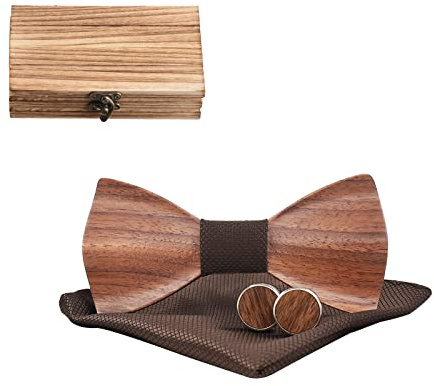 Mr.Van Pajarita de Madera Hecha a Mano, Tamaño Ajustable 24-48cm, Estilo Clásico, Caja de Madera (incluye Gemelos,Pañuelo y Pajarita) para Bodas y Negocios