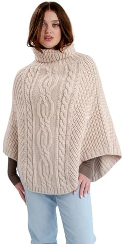 SAOL 100% Merino Wool Cable Knit Ladies Irish Aran Poncho Cardigan (Parsnip)