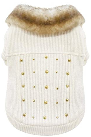 Croci-Sweatshirt für Hunde mit goldenen Nieten, Rückengröße 30 cm, gefüttert und verstellbar mit Klettverschluss, mit Gummizug und Loch für Leine und Geschirr, weiße Farbe