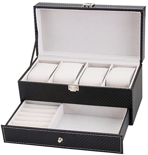 Herren Uhrenbox Aufbewahrungsbox, Carbon-Faser PU-Leder-Dual-Layer 4 Slots Watch Box mit Valet Schublade, eine Top Abschließbare Schmuck-Speicher-Fall-Organisator Uhrenschachtel Damen Organizer Uhrenk