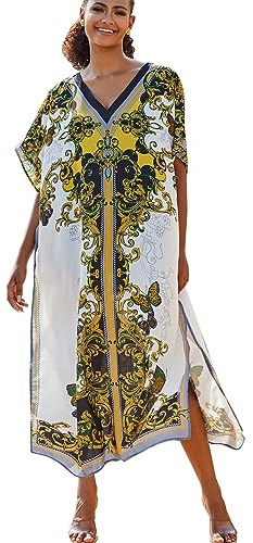 YouKD Vestido largo estilo caftán con cuello en V, bohemio, para playa, bikini, cubre el traje de baño, bata, talla grande, ropa de estar por casa para mujer, Altoa única