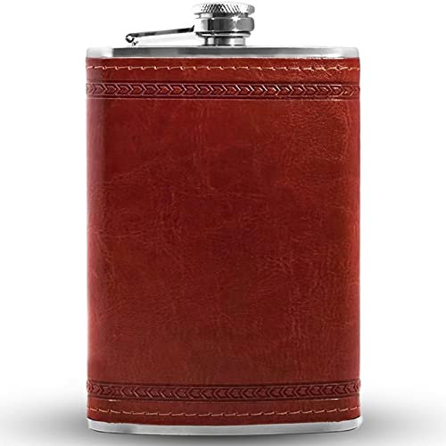 Fiaschetta in Acciaio Inox, Design Elegante in Pelle, Bottiglia da Whisky o Grappa di Qualità, Ottima Idea Regalo, da Viaggio & Fuori Casa, Marrone, 301-400ml