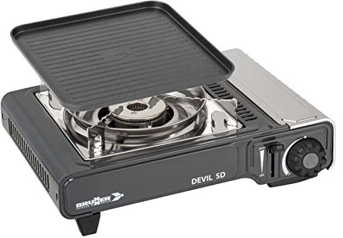 BRUNNER Gas-Kocher DEVIL SD NG Piezozündung Zündsicherung f. Gaskartusche | Gas-Kochplatte Einflammig - Mit Piezozündung 2,2 kW -Mit Zündsicherung - Für Ventilkartusche - Grillplatte -Koffer