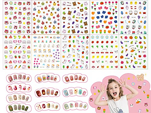 Nagelaufkleber Set für Kinder, 10 Blatt 3D Selbstklebende Sommer Cartoon Nagelsticker Tiere Pflanzen Art Nail Sticker Set Nagelkunst für Frau Mädchen Favors