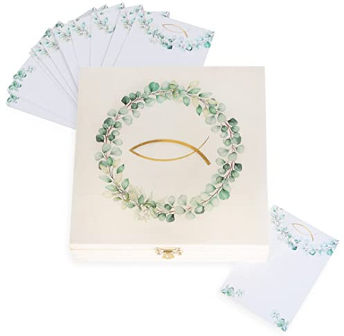 Logbuch-Verlag Gästebuch Kartenbox Kommunion Taufe Firmung 18,5 cm Holzbox Eukalyptus Fisch mit 25 Kärtchen