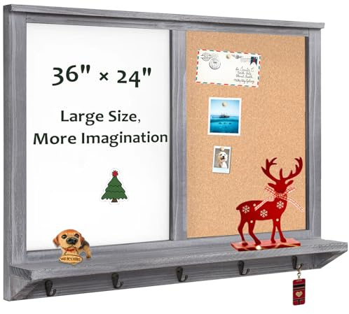 TORASO Dry Erase Board & Cork Board, Whiteboard & Bulletin Board Combo, 35.4×23.6，Wall-Mounted Mail Sorter, & Key Hooks, Solid Pine Wood Vintage Gray Frame(Mail BB-GY-6090)