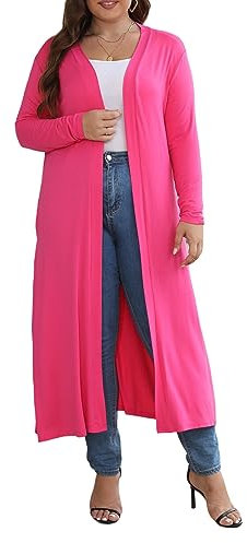 HJJPWW Cardigan da donna, taglie forti, lunghezza fino al pavimento, aperto sul davanti, drappeggio, leggero, a maniche lunghe, maxi spolverino con tasche, 1X-5X, Rosa caldo, 4X