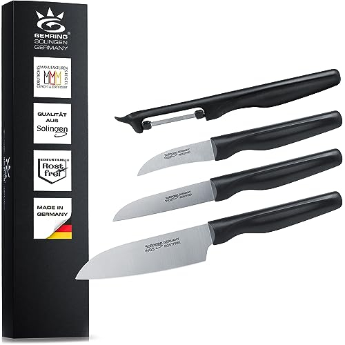 NEU| SOLINGEN | Küchenmesserset - Messerset 4 tlg.| rostfreie, eisgehärtete & scharfe Messer, Made in Germany | Messer Set mit Schäl-, Gemüse-, Santokumesser und Sparschäler | Serie WAVE