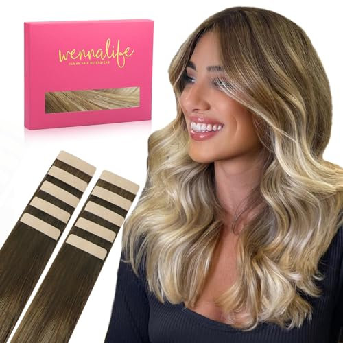 WENNALIFE Extension Cheveux Naturel Adhesive, 65cm 25g 10pcs Extension Adhesive Cheveux Naturel, Extension Cheveux Naturel Remy Invisibles, Ombre Brun Noisette à Brun Cendré et Blond Décoloré