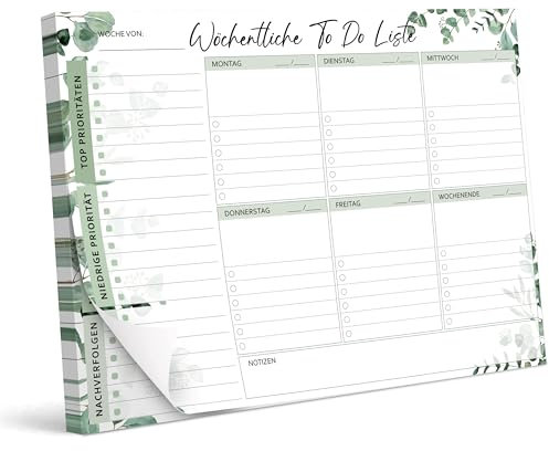 BIROYAL Wochenplaner Block A4 ohne festes Datum (50 Seiten), Schreibtischunterlage mit ToDo-Liste, Wochenplaner mit Wochenübersicht&Habit-Tracker für Termine, Aufgaben& Notizen, Grüne Blätter
