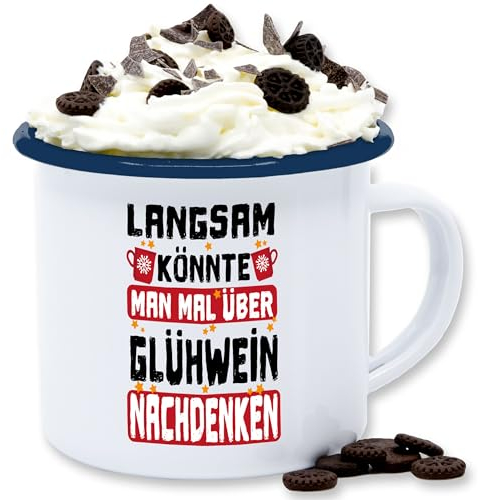 Emaille Tasse Blechtasse - Weihnachtstasse Weihnachten - Langsam könnte man mal über Glühwein nachdenken - schwarz/rot - 300 ml - Weiß Blau - weihnachtstassen christmas tassen weihnachtsbecher