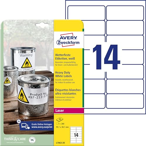 AVERY Zweckform L7063-20 Wetterfeste Etiketten, wasserfest, 99,1x38,1mm | 280 Aufkleber, Folienetiketten, Outdoor Klebefolie, extrem stark selbstklebend, strapazierfähig, 20 Blatt, weiß