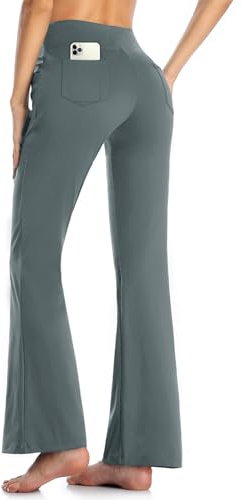 MOVE BEYOND Pantalones de yoga para mujer con corte de bota y pantalones 3/4 con 4 bolsillos para control de abdomen, entrenamiento y entrenamiento, gris claro, XL