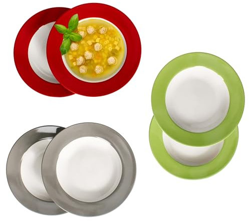 MamboCat 6er Set Variant Trio Suppenteller I farbige tiefe Porzellan-Teller für 6 Personen in Grün, Rot & Grau I bunte Teller Salat, Suppe, Müsli, Pasta & Co I Frühstück, Mittag & Abendbrot