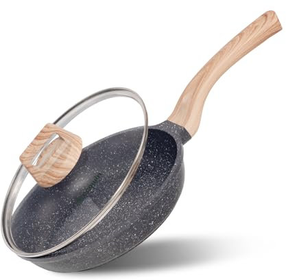 Ecowin Bratpfanne mit Deckel, antihaftbeschichtet, aus Granit, Omelettpfannen, Induktions-kompatible Eierpfanne mit hitzebeständigem Griff, PFOA-frei