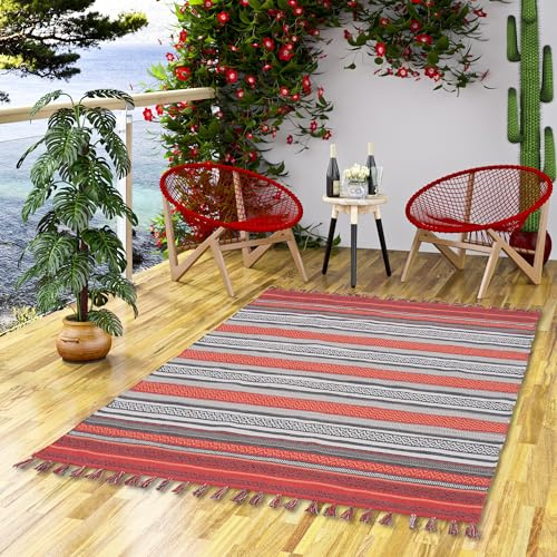 Pergamon Handgewebter Baumwoll Kelim Grace - Grau Rost - Pflegeleichter, Langlebiger Teppich - Ideal für Wohnzimmer, Flur und Küche - Nachhaltiger Naturteppich