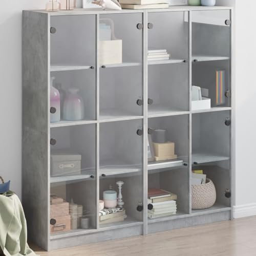 Willood Vitrinenschrank Glasvitrine Bücherschrank mit Türen Mehrzweckschrank mit Glastüren Wohnzimmer Metallschrank Betongrau 136 x 37 x 142 cm