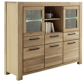 möbelando Highboard >SILIAS< Elegantes Highboard aus massiver Wildeiche mit Glas- und Holztüren, 3 Schubladen, optionaler Beleuchtung, FSC-Zertifiziert, Maße: 172x140x45 cm
