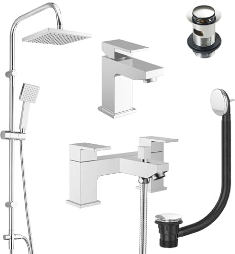 Polished Chrome Basin & Bath Shower Mixer Tap Set with Waste Clicker Plug, Hose, Handset & Shower Kit – Luxury Bathroom Tap Set