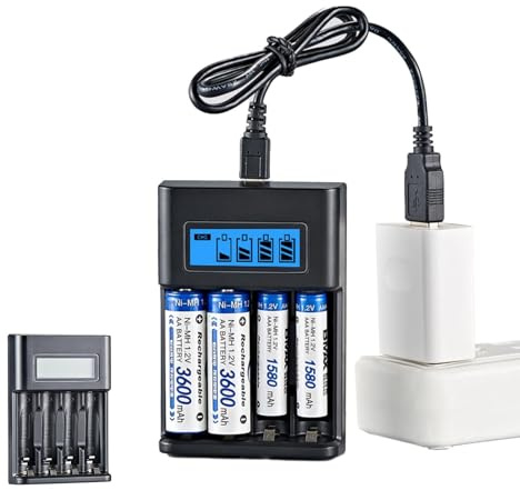 Cargador de batería AA AAA de 4 bahías - Cargador de Alta Velocidad con Pantalla LCD Inteligente para baterías Recargables Nimh AA/AAA de 1,2 V y más 1,2 V y más